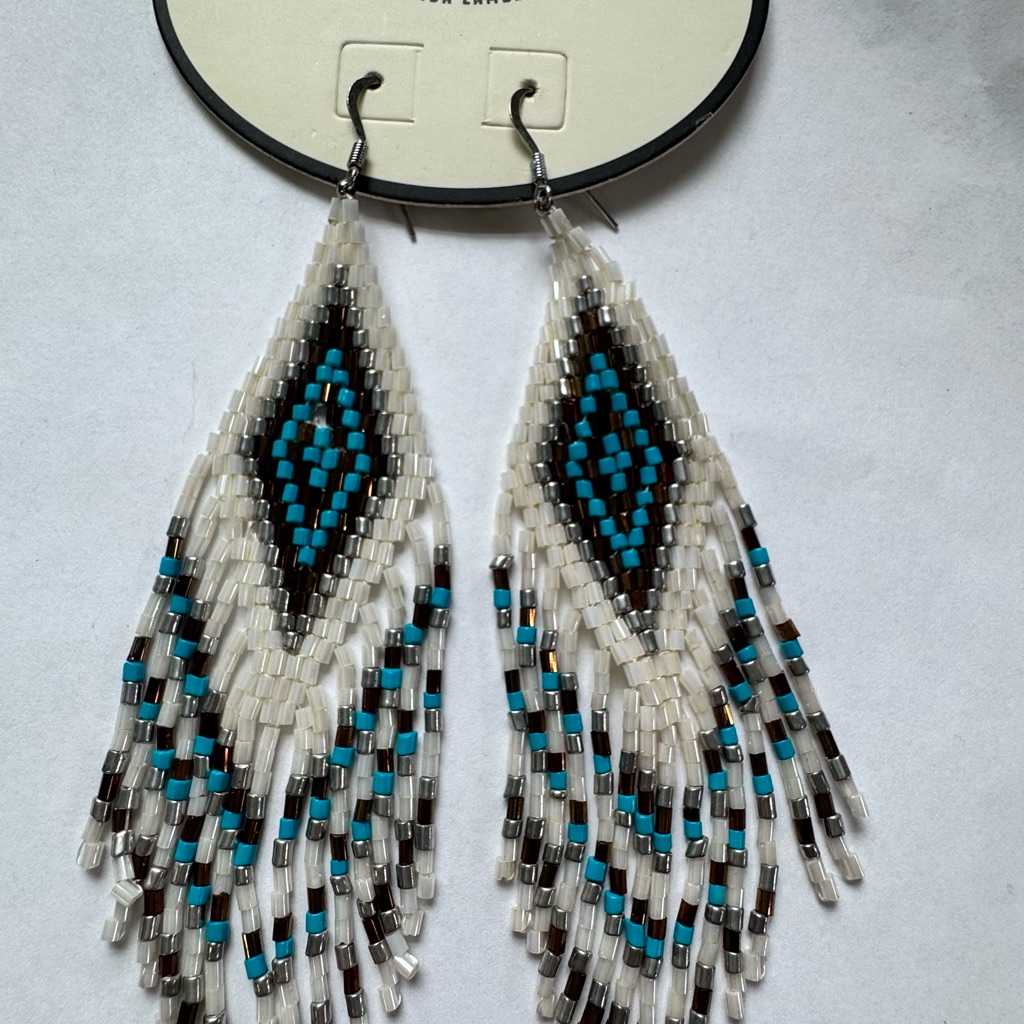 Idyllwind- White And Black Geometric Beaded Earrings With Fringe 19$